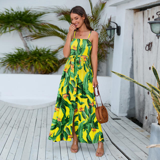 Women Floral Print Casual Dress Fashion Spaghetti Strap Maxi Dresses PQLQ486