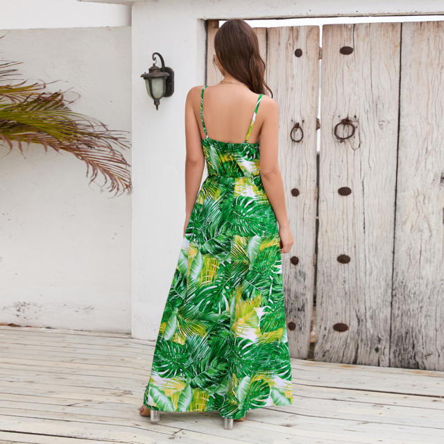 Women Floral Printed Casual Dress Fashion V-neck Maxi Dresses PQLQ479