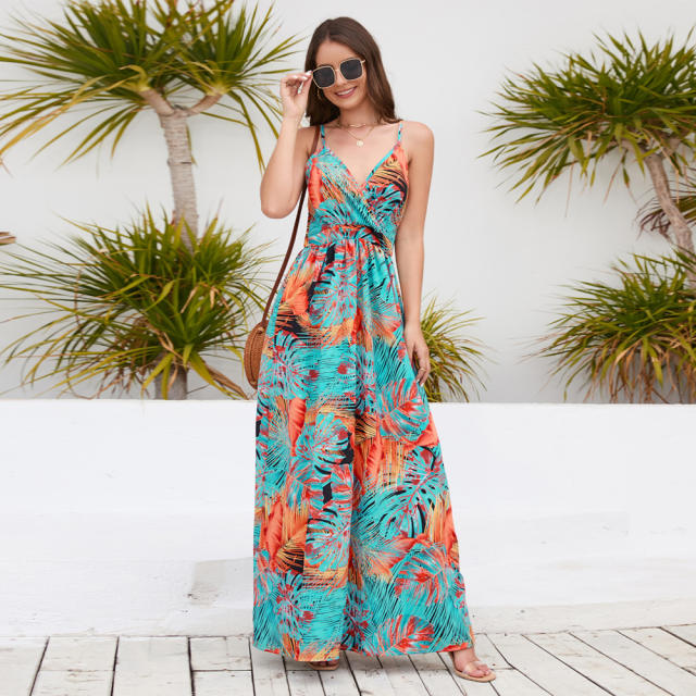 Women Floral Printed Casual Dress Fashion V-neck Maxi Dresses PQLQ479