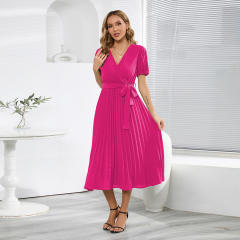 Short Sleeve Pleated Midi Dress Women Casual Summer Dresses PQLQ567