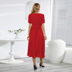 Short Sleeve Pleated Midi Dress Women Casual Summer Dresses PQLQ567