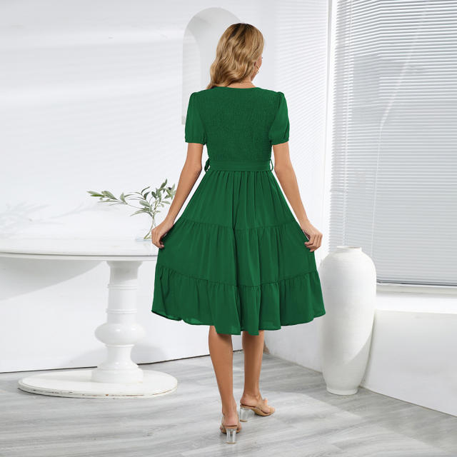 Women Casual Summer Dresses Short Sleeve Pleated Midi Dress PQLQ575