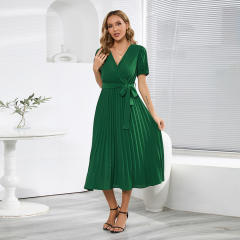 Short Sleeve Pleated Midi Dress Women Casual Summer Dresses PQLQ567