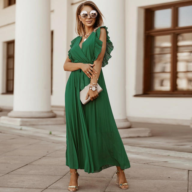 Sleeveless Slim Pleated Maxi Dress Women Casual Summer Dresses PQLQ216