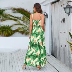 Women Floral Print Casual Dress Fashion Spaghetti Strap Maxi Dresses PQLQ486