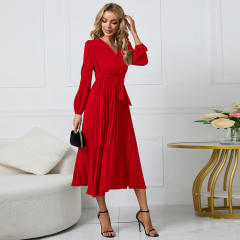 Long Sleeve Slim Pleated Dress Women's Casual Dresses PQLQ469