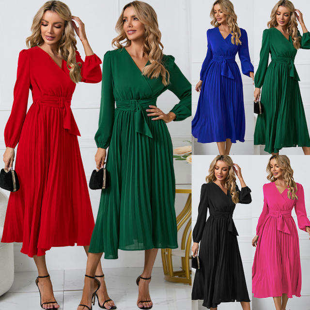 Long Sleeve Slim Pleated Dress Women's Casual Dresses PQLQ469