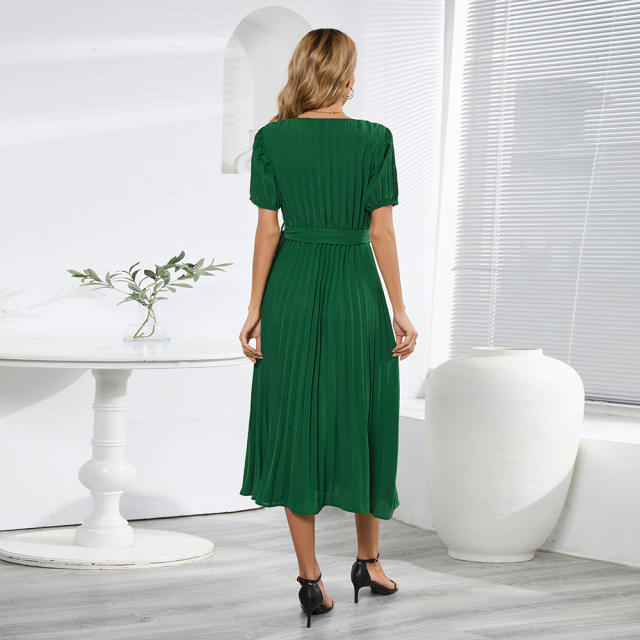 Short Sleeve Pleated Midi Dress Women Casual Summer Dresses PQLQ567