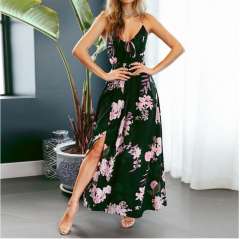 Floral Print Casual Boho Dress Women Spaghetti Strap Maxi Dresses PQ8009