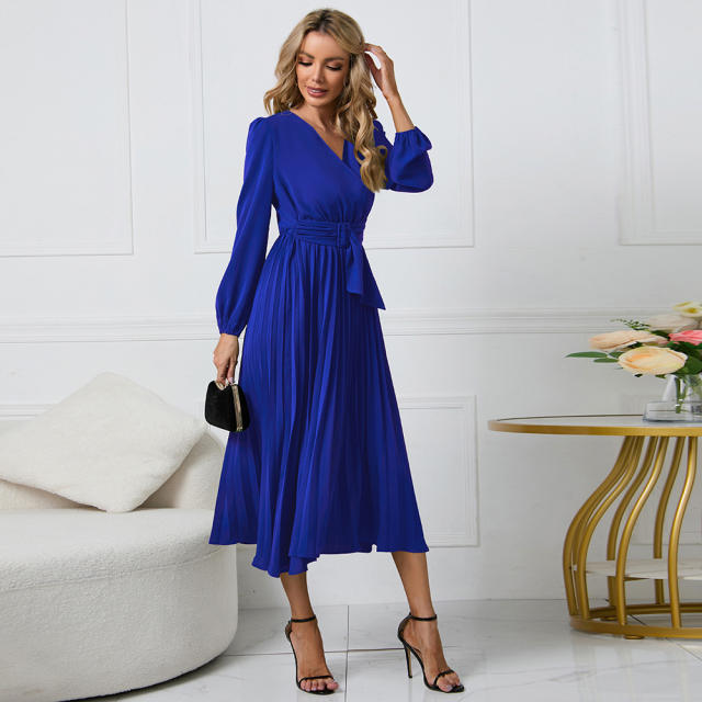 Long Sleeve Slim Pleated Dress Women's Casual Dresses PQLQ469