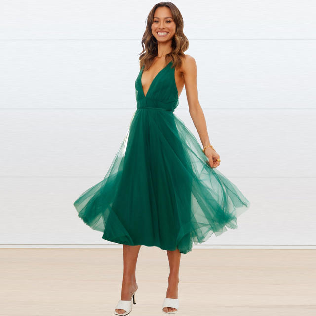 Sexy V-neck Chiffon Midi Dress Women's Casual Dresses PQLQ235