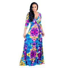 Digital Print Casual Boho Dress Women Half Sleeve Maxi Dresses PQ2260