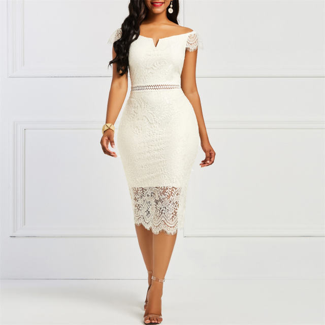Sexy Lace Midi Dress Women Short Sleeve Mini Dress PQABQ076