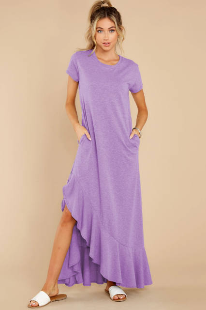 Short Sleeve Maxi Dresses Women Solid Color Boho Dress PQLQ099A
