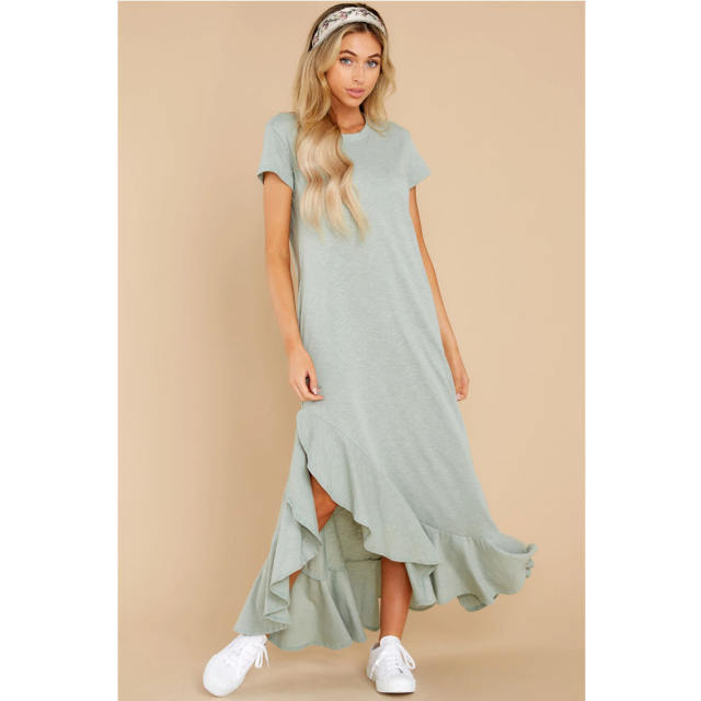 Short Sleeve Maxi Dresses Women Solid Color Boho Dress PQLQ099A