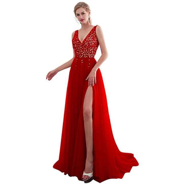 Pink Sequin Evening Party Dresses Sexy Women High Split Prom Dress PQYQ019