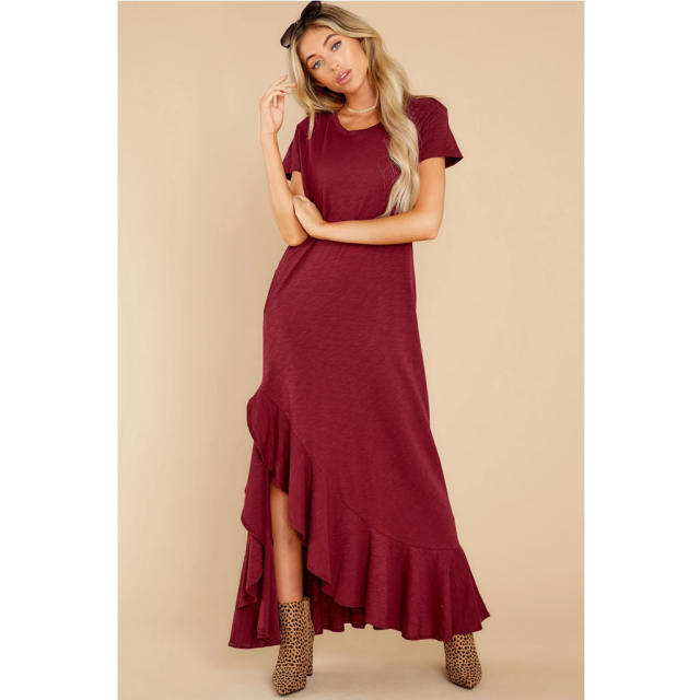 Short Sleeve Maxi Dresses Women Solid Color Boho Dress PQLQ099A