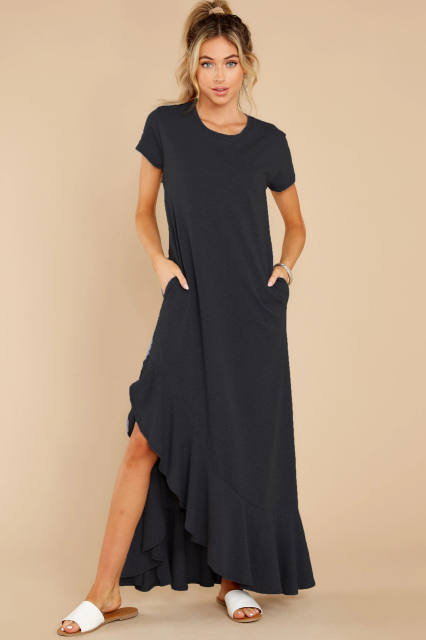 Short Sleeve Maxi Dresses Women Solid Color Boho Dress PQLQ099A