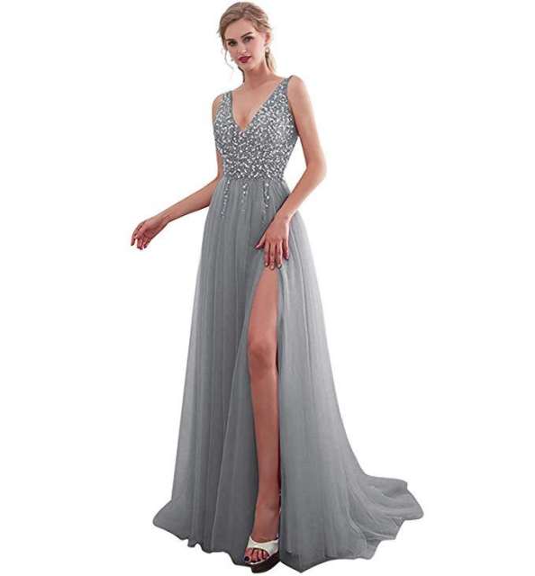 Pink Sequin Evening Party Dresses Sexy Women High Split Prom Dress PQYQ019