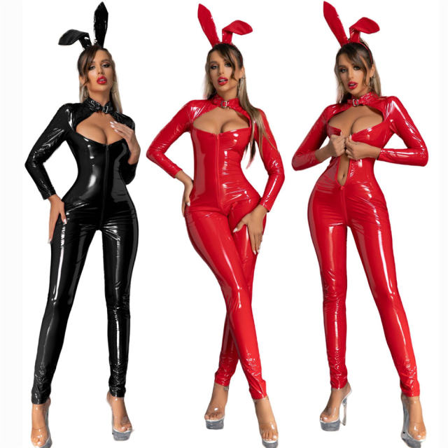 Wetlook Faux Leather Bunny Jumpsuit PU Catsuit Women PQ68039B