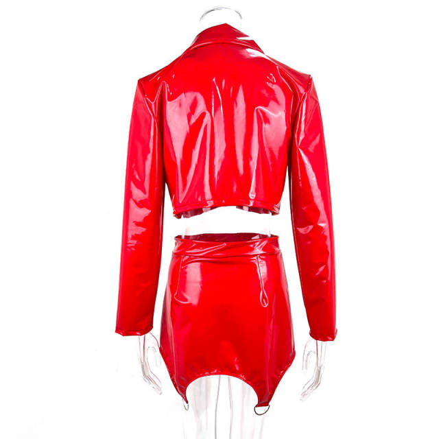 Faux Leather Skirt Wetlook PU Sexy Coat Fashion Streetwear PQ13293