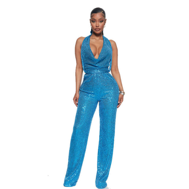 Sexy Sequin Jumpsuit High Waist Halter Rompers Women PQ8867