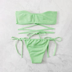 Green Bikini Set Women Bandeau Swimsuit Ties Swimwear PQ37556