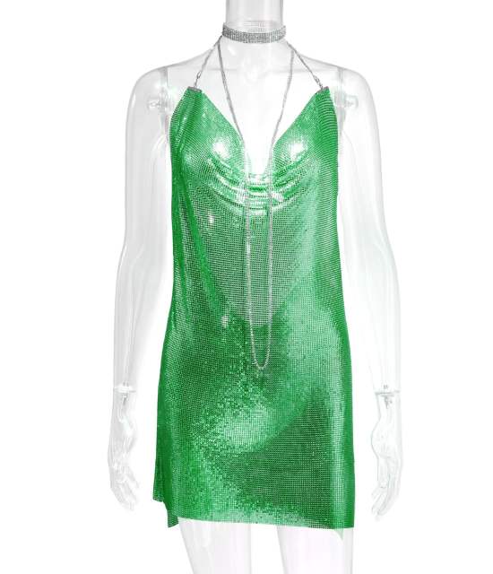 Women Sexy Metal Mini Dress Sequin Night Club Wear PQ627