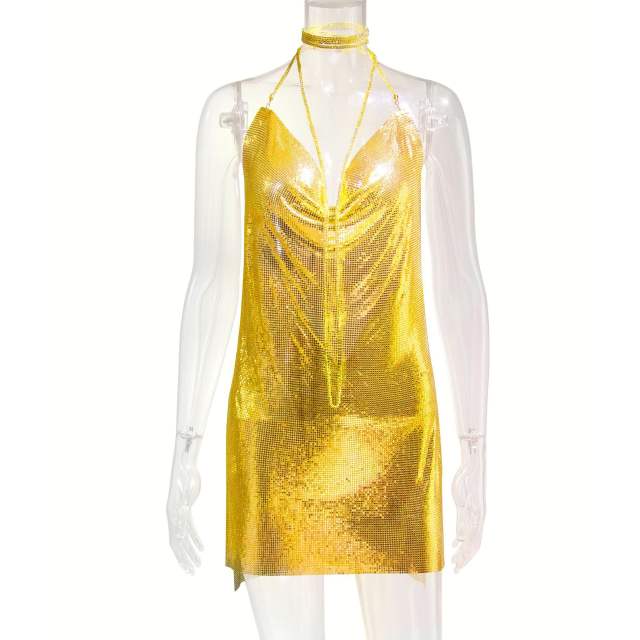 Women Sexy Metal Mini Dress Sequin Night Club Wear PQ627
