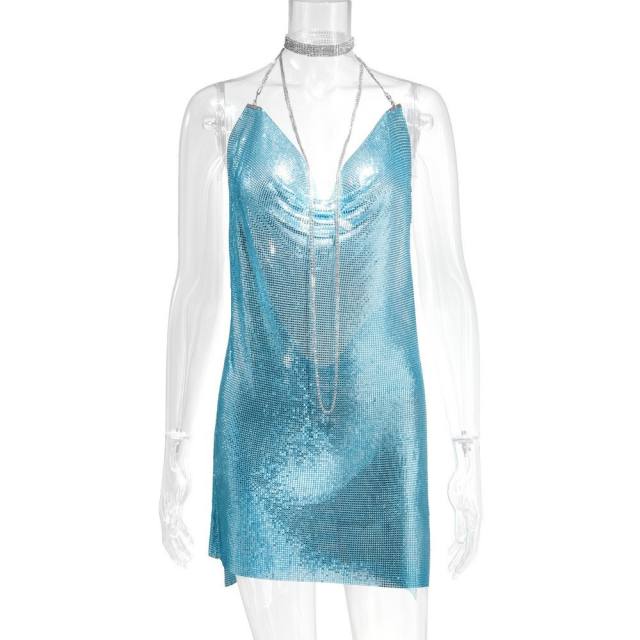 Women Sexy Metal Mini Dress Sequin Night Club Wear PQ627