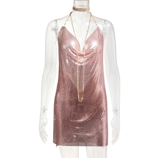 Women Sexy Metal Mini Dress Sequin Night Club Wear PQ627
