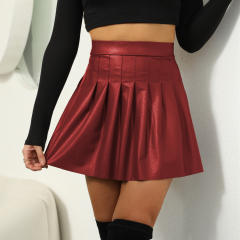 Faux Leather Pleated Skirt PU Sexy Dresses Club Wear PQD14