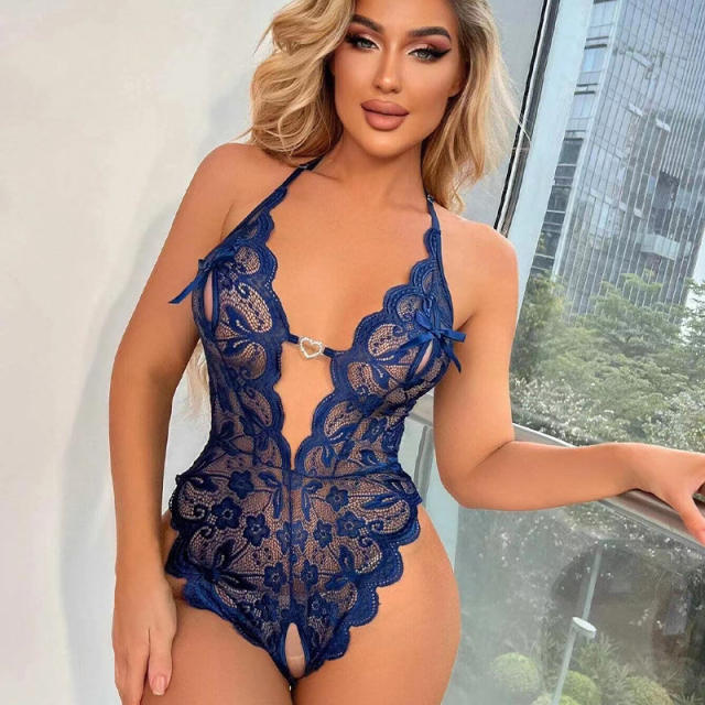 Plus Size Women Halter Teddy Lingerie Open Crotch Lace Bodysuit PQ085