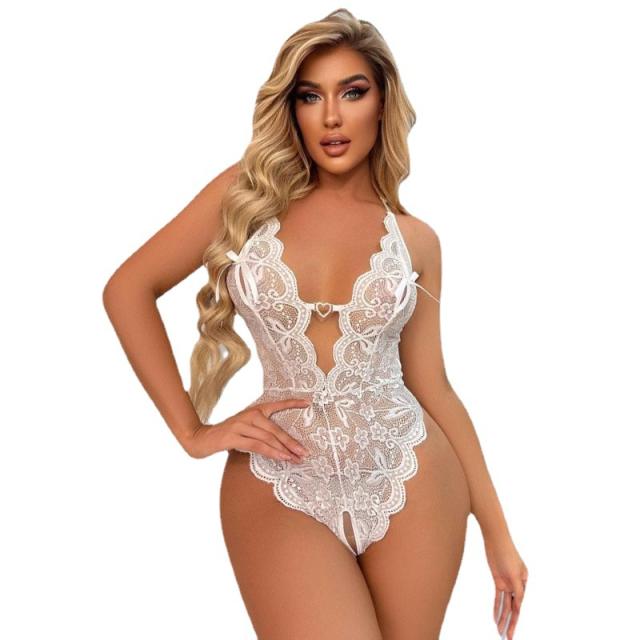 Plus Size Women Halter Teddy Lingerie Open Crotch Lace Bodysuit PQ085