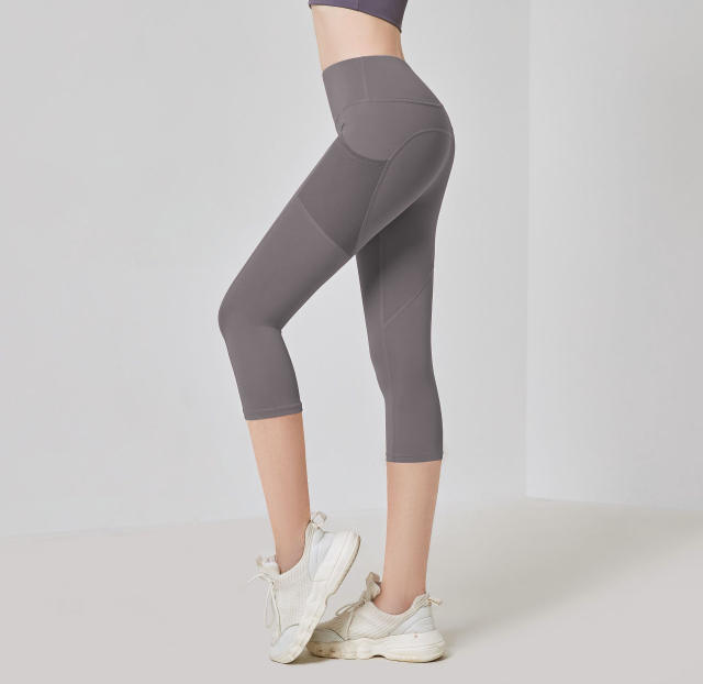 Women Solid Color Capris with Pocket Female High Waist Yoga Outfit 7FKDK