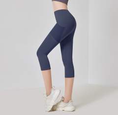 Women Solid Color Capris with Pocket Female High Waist Yoga Outfit 7FKDK