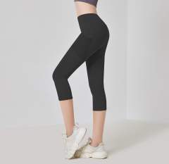 Women Solid Color Capris with Pocket Female High Waist Yoga Outfit 7FKDK