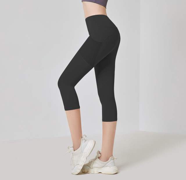 Women Solid Color Capris with Pocket Female High Waist Yoga Outfit 7FKDK