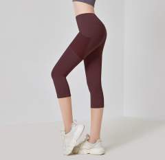 Women Solid Color Capris with Pocket Female High Waist Yoga Outfit 7FKDK