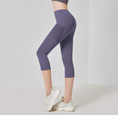 Women Solid Color Capris with Pocket Female High Waist Yoga Outfit 7FKDK