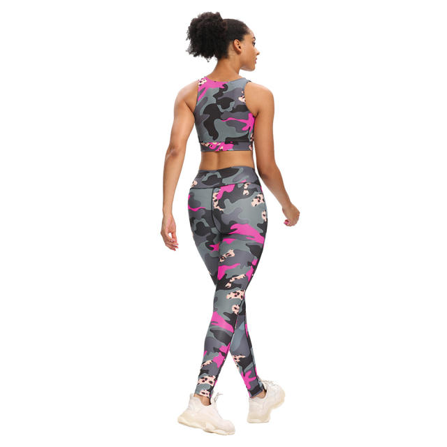Leopard Camouflage Print Yoga Outfit Sexy Ladies Workout Leggings With Tops PQ9700