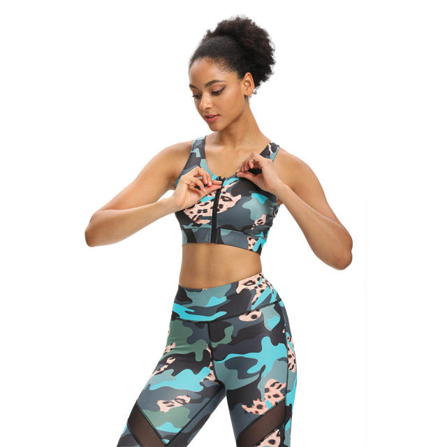 Leopard Camouflage Print Yoga Outfit Sexy Ladies Workout Leggings With Tops PQ9700