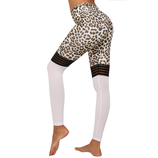 Leopard Print Yoga Pant Sexy Female Mesh Patchwork Yoga Outfit PQ9229