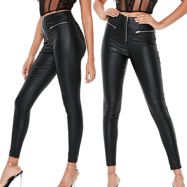 Faux Leather Trousers For Women Sexy Zipper PU Hot Pants PQ66-199