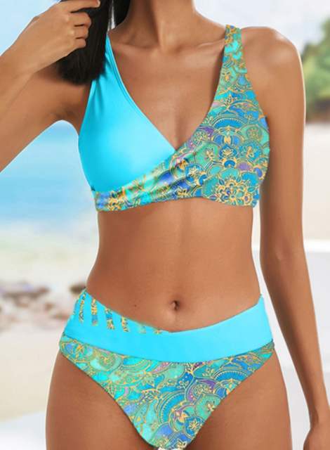Digital Printed Bikini Set For Lady Beach Equipment Retro Swimming Suit Women PQ22150