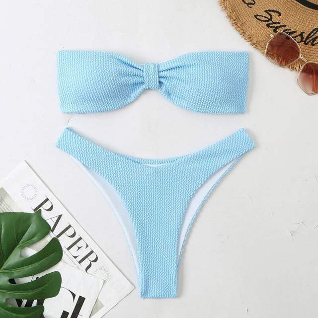 Solid Color Off Shoulder Bikini Sets Beach Equipment For Women PQ22011