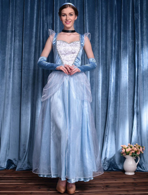 Blue Satin Snow Princess Fancy Dress For Women Cartoon Movie Costume PQ9243B