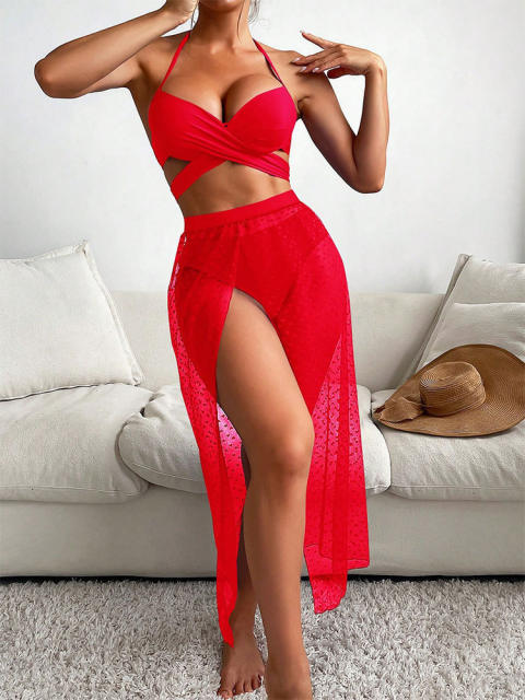 3-Piece Separates with Skirt Women Solid Color Beachwear Female Swimming Suit PQX04-25