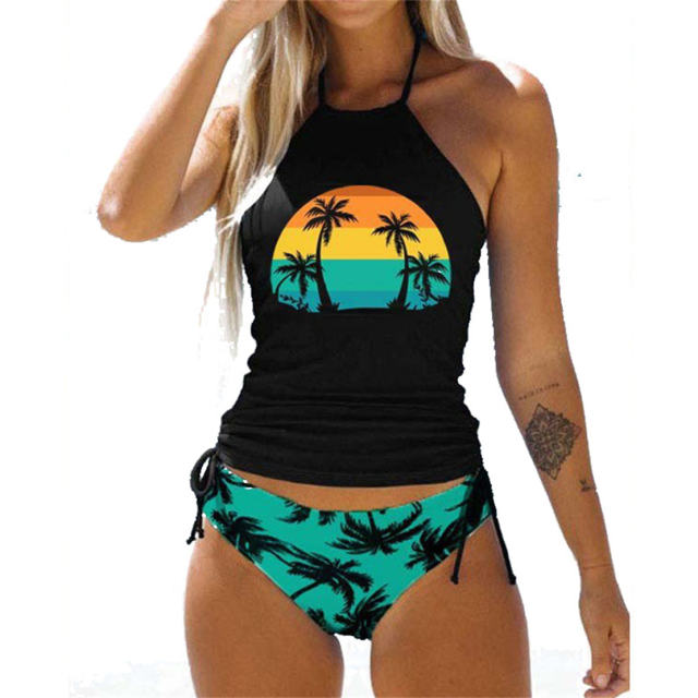 Coconut Tree Print Tankini Set Oversize Swimsuit Swimming Costume For Woman PQBY223