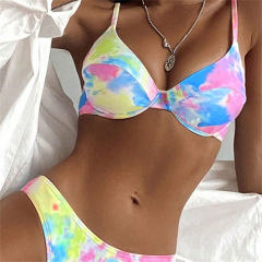 Tie Dyed Print Two-Pieces Suits Low Waist Bikinis Set Spaghetti Strap Swimwear PQ1457